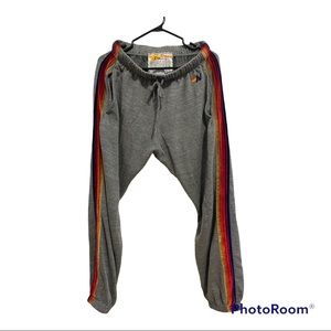 Aviator Nation men’s heather gray sweatpants w velour track stripes